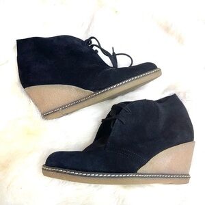 J CREW Women black suede lace wedge booties